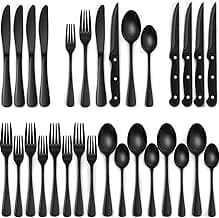 24-Piece Black Silverware Set with Steak Knives, Black Flatware Set for 4, Food-Grade Stainless Steel Tableware Cutlery Set, Mirror Finished Utensil Sets for Home Restaurant